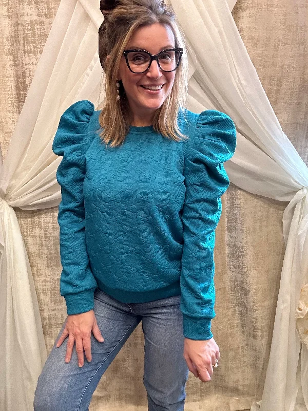 Teal Embroidered Bow Sweatshirt with Puff Sleeves