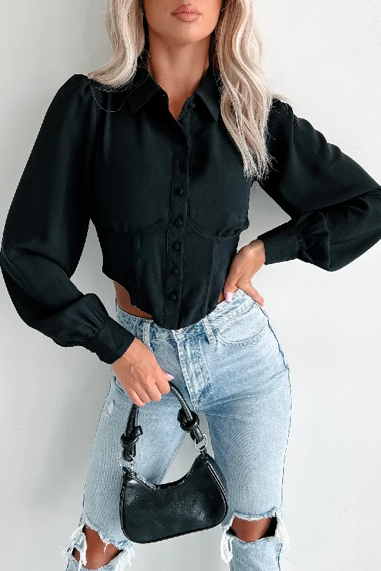 Weekend Savings Extravaganza Becoming An Icon Long Sleeve Corset Blouse (Black)
