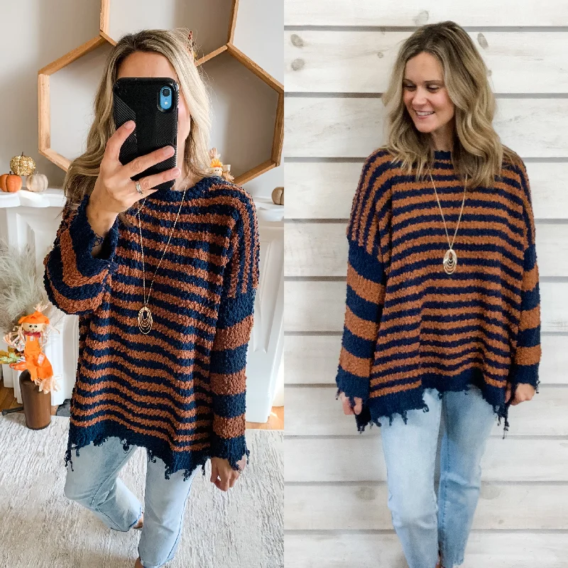 Brown Striped Popcorn Knit Sweater