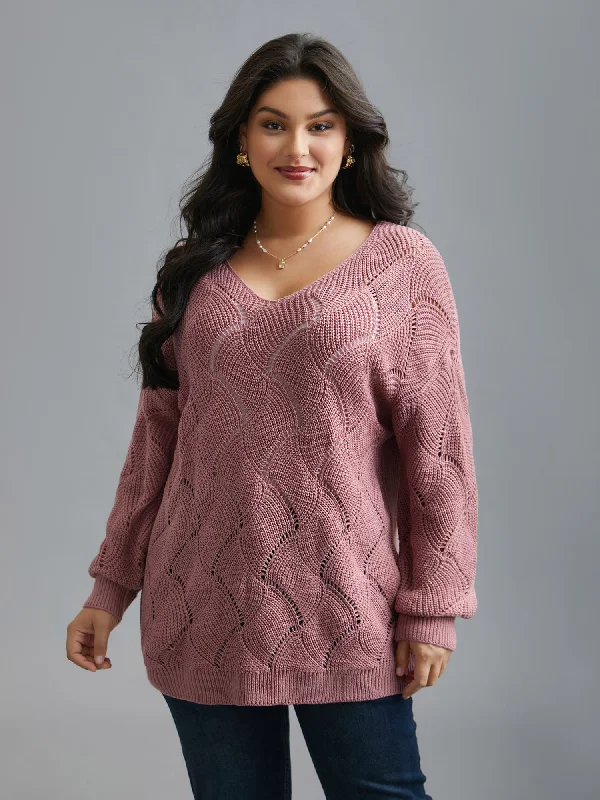 V Neck Cut-Out Pattern Textured Pullover