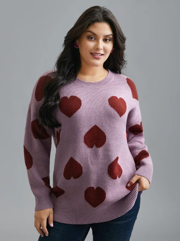 Round Neck Contrast Heart Jacquard Pullover