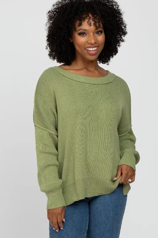 Light Olive Exposed Seam Side Slit Sweater